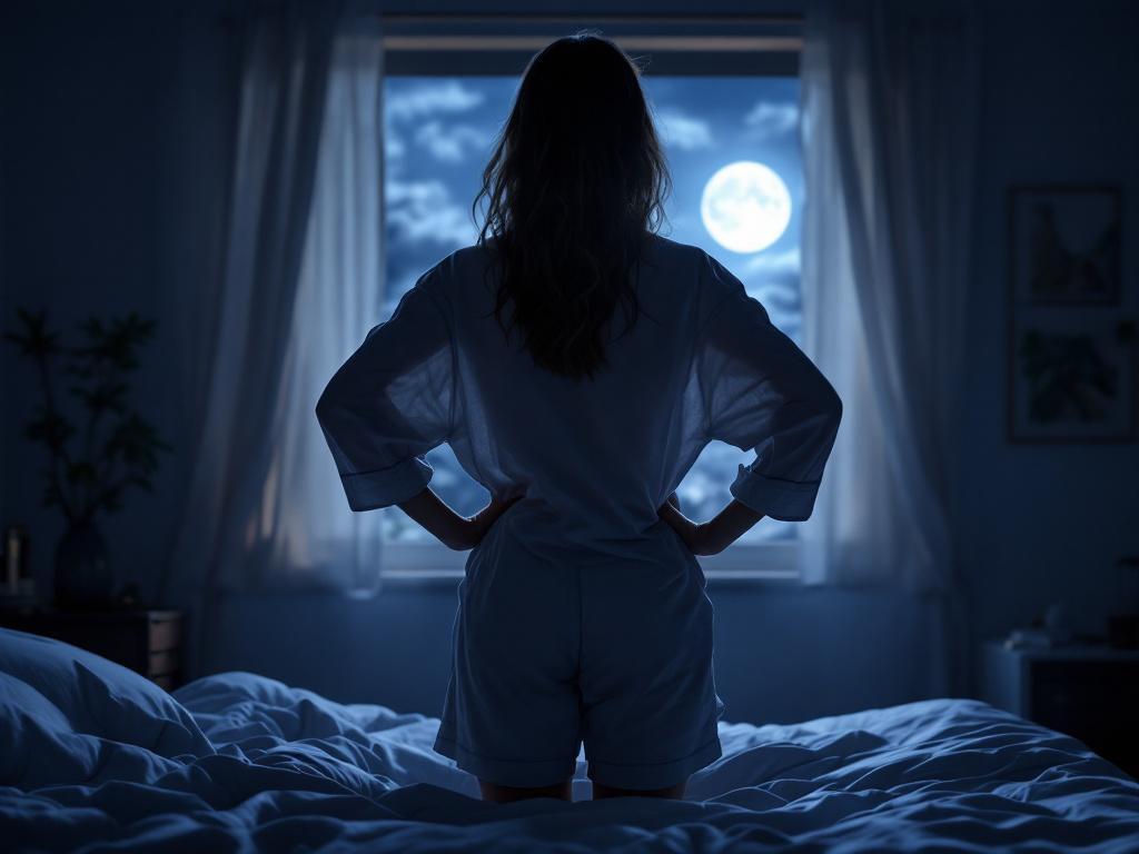 ベッドの上で腰に手を当てる女性